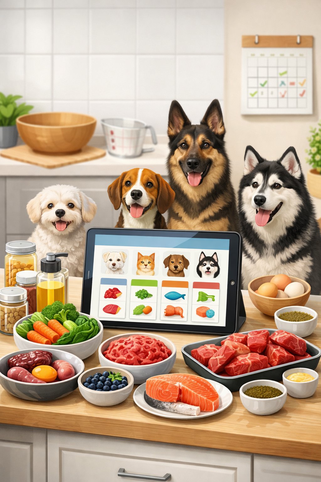 A kitchen scene with various dog food ingredients, multiple dogs waiting, and a digital device showing a pet meal planner interface.