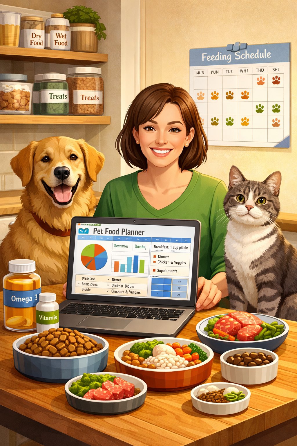 A pet owner using a laptop at a kitchen table with a dog and cat nearby, surrounded by pet food and feeding supplies.