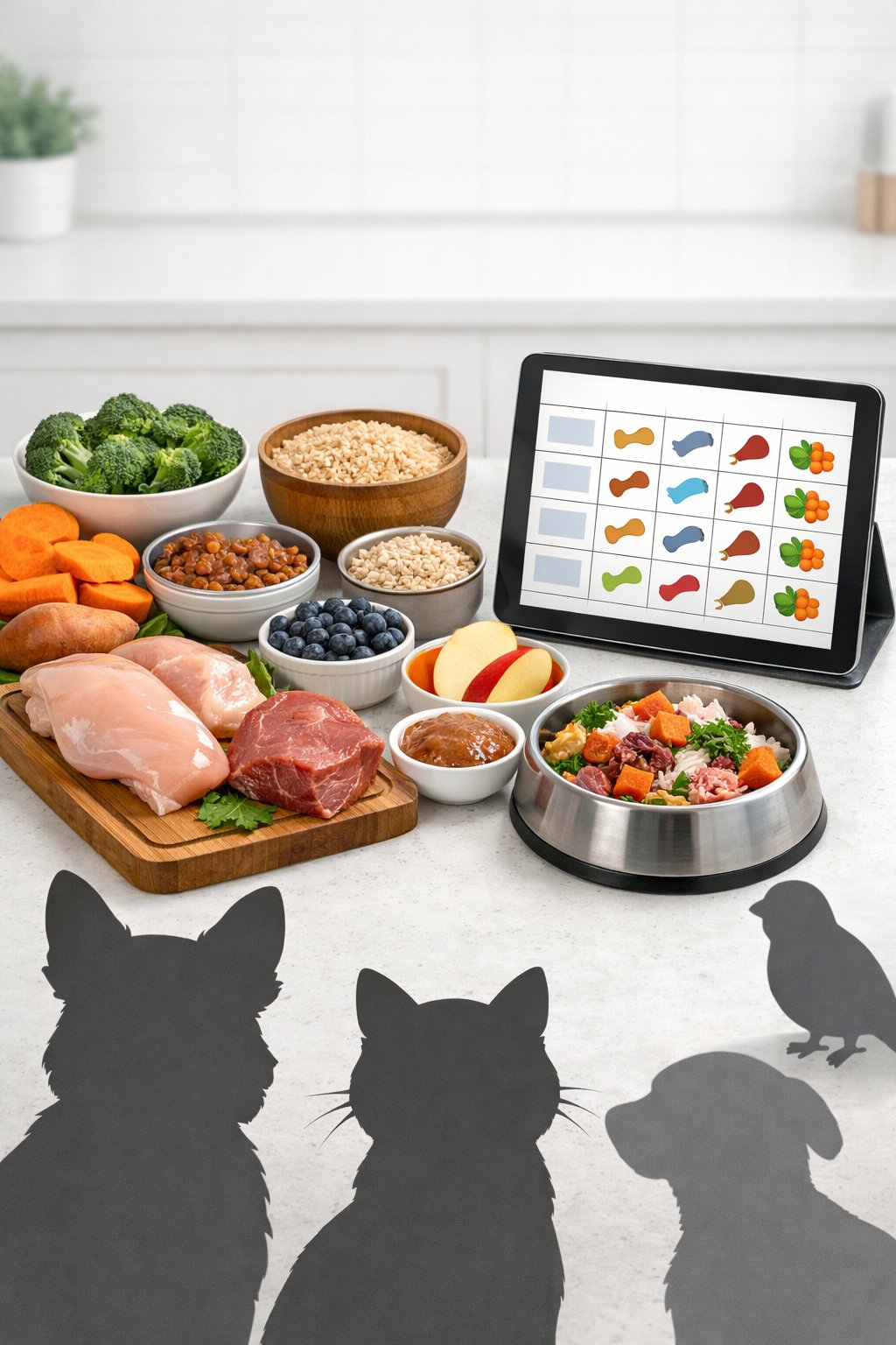 A kitchen counter with fresh pet food ingredients and a digital meal planner, surrounded by a dog, cat, and bird.
