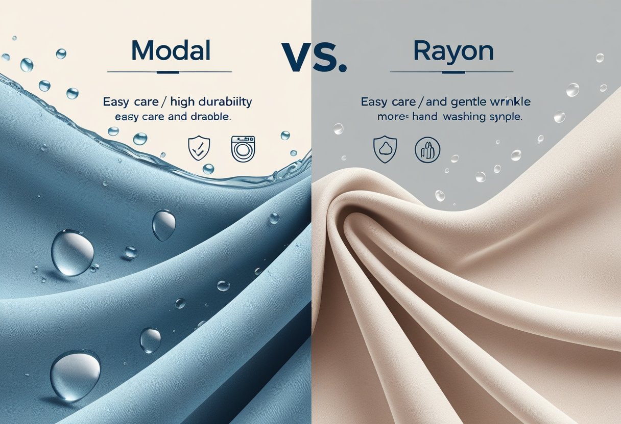 A split illustration showing two types of fabric side by side, one smooth and durable with water droplets and a washing machine icon, the other delicate with wrinkles and a hand washing icon, representing differences in fabric care and durability.