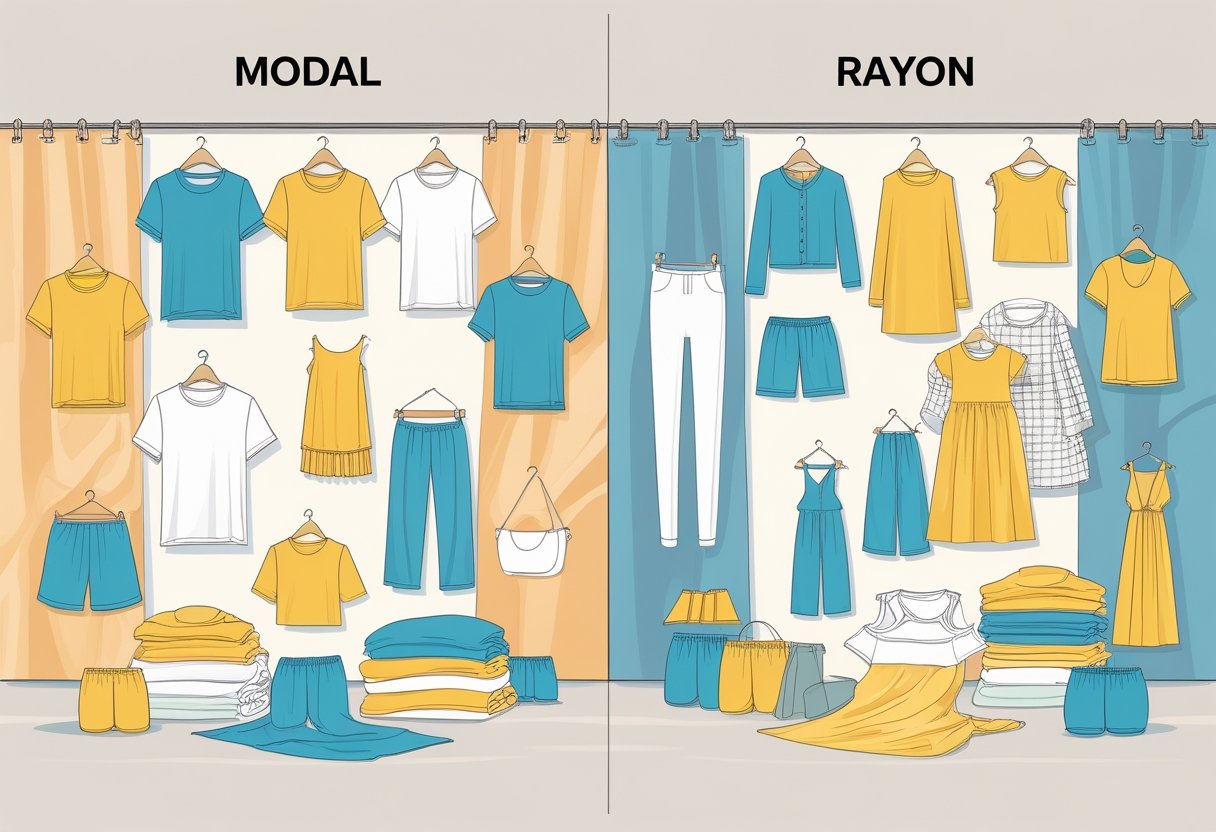 Illustration showing two fabric types, modal and rayon, with everyday clothing items representing the common uses of each fabric.
