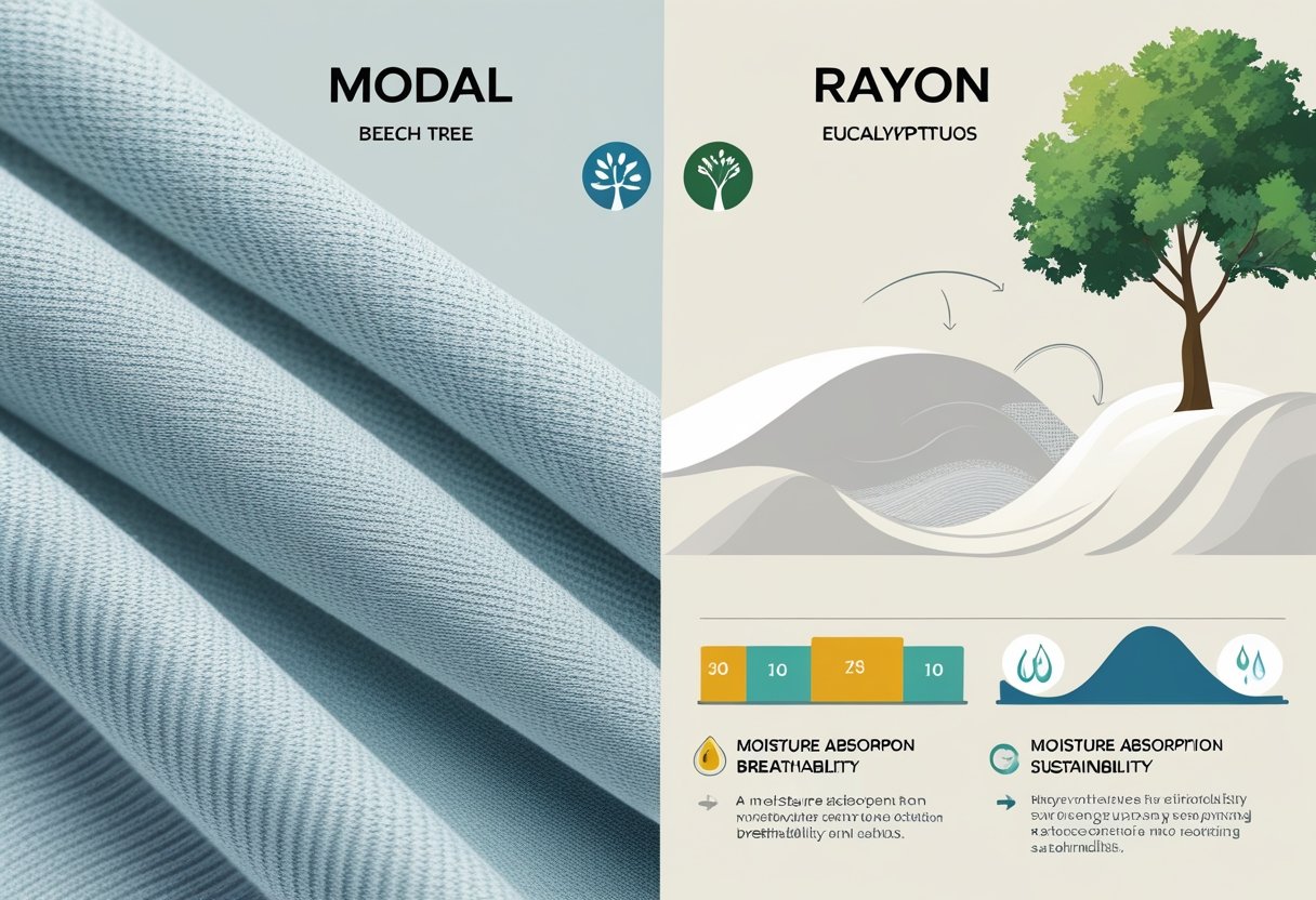 Close-up comparison of Modal and Rayon fabrics with icons representing their natural origins and visual indicators of their properties.