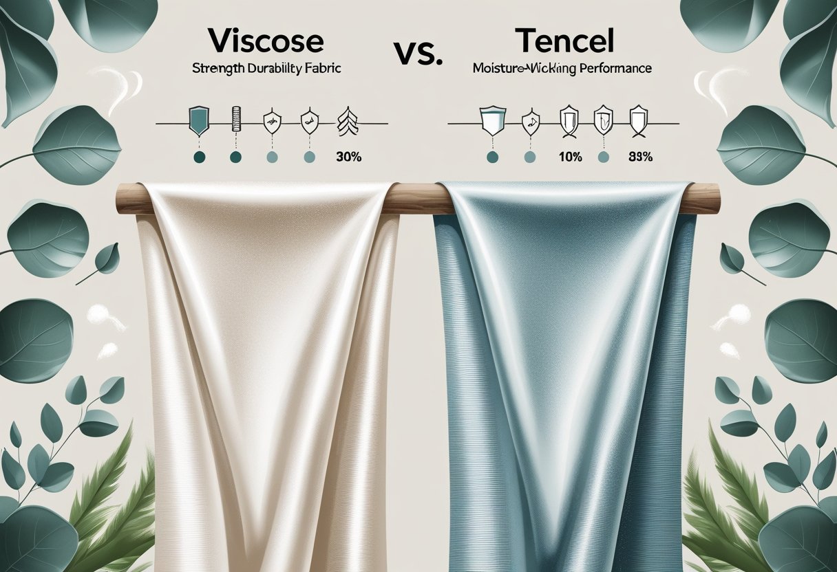 Two fabric samples side by side with visual indicators showing their strength, durability, and performance qualities, accompanied by natural elements representing their origins.