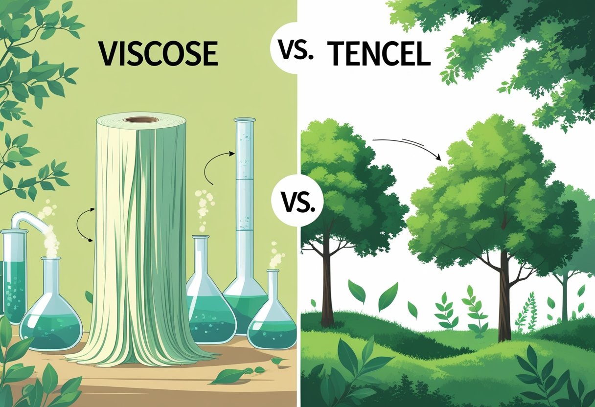 An illustration comparing viscose production from wood pulp with chemical processing on one side, and tencel derived from eucalyptus trees in a green forest on the other, showing the transformation into fabric.