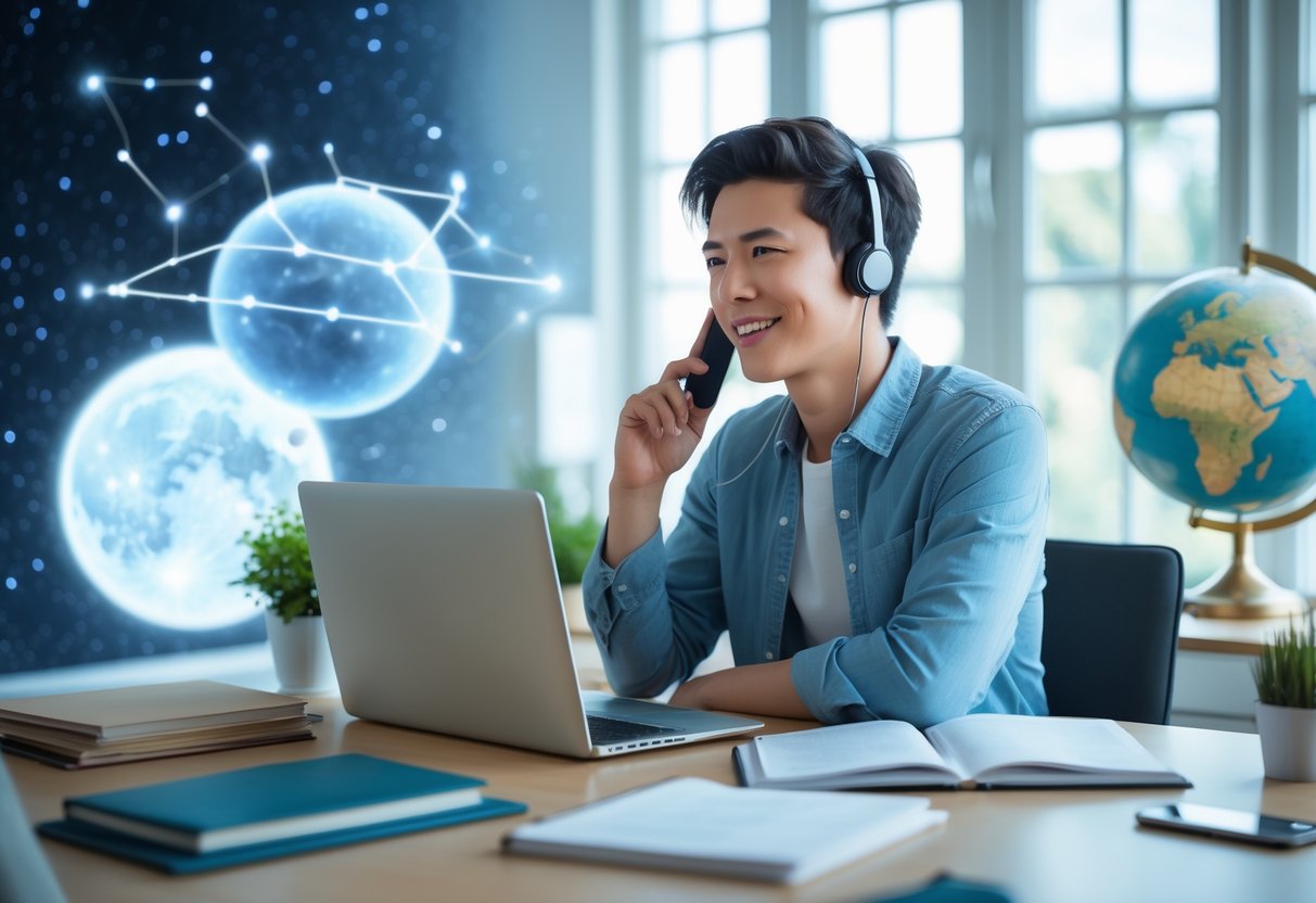 A young adult at a desk with a laptop and books, surrounded by symbols of communication and learning, with a glowing planet and stars in the background.