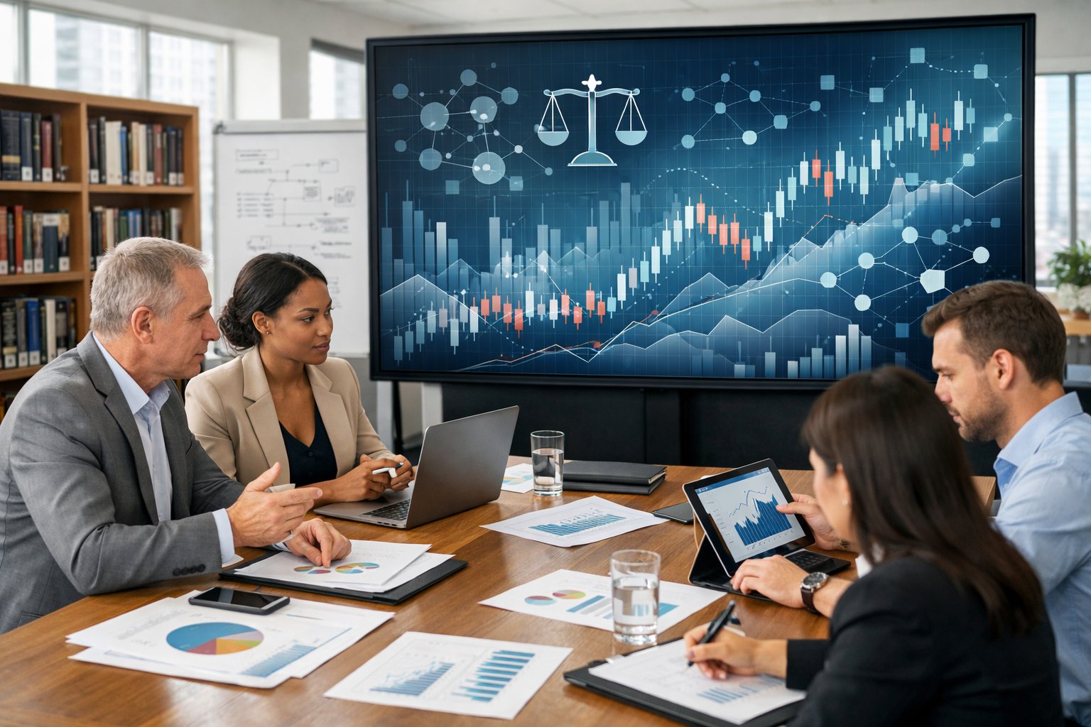 Des professionnels en réunion dans un bureau moderne avec des graphiques et des données financières affichés sur des écrans.