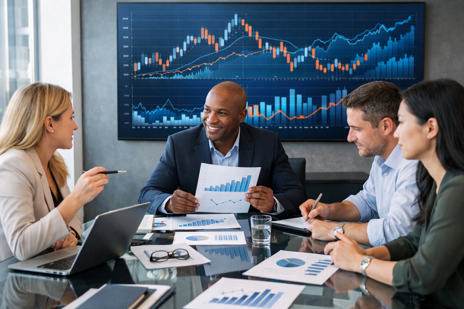 Des professionnels travaillant ensemble autour d'une table avec des ordinateurs et des graphiques financiers dans une salle de réunion moderne.
