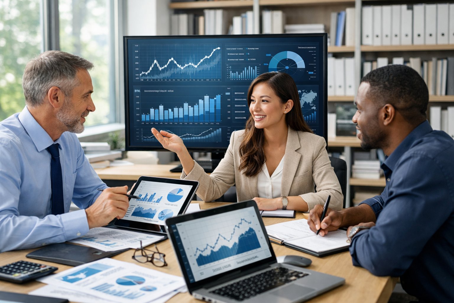 Des professionnels travaillant ensemble autour d'une table avec des graphiques et des données économiques affichés sur des écrans dans un bureau moderne.