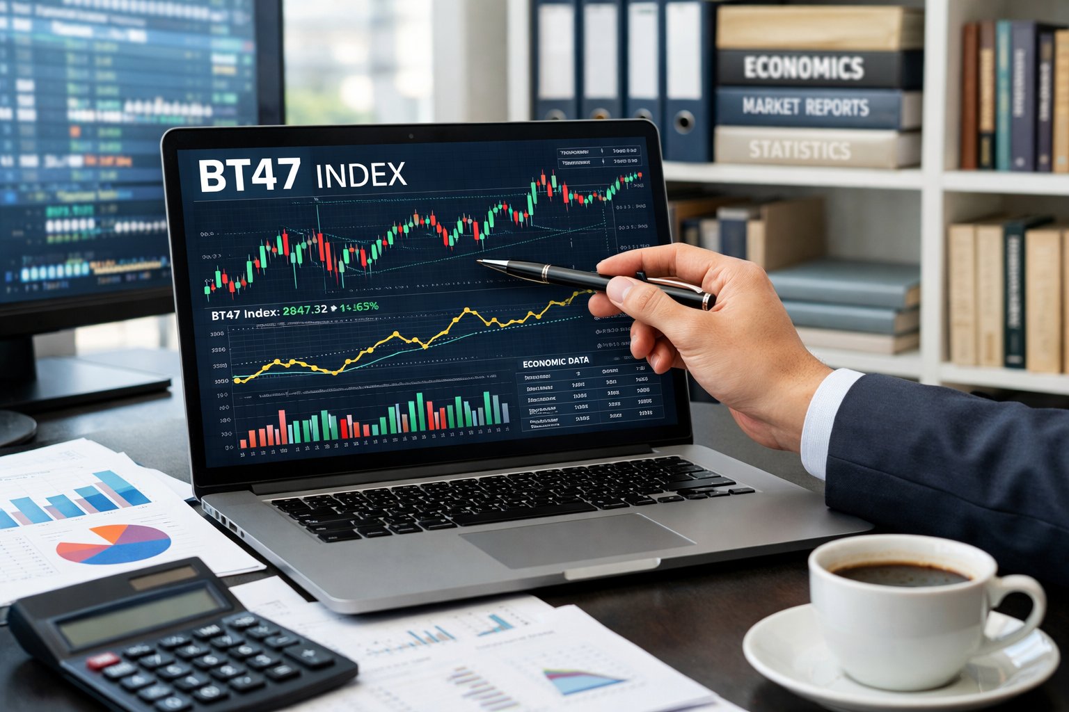 Personne en tenue professionnelle analysant des graphiques économiques sur un ordinateur portable dans un bureau moderne bien éclairé.