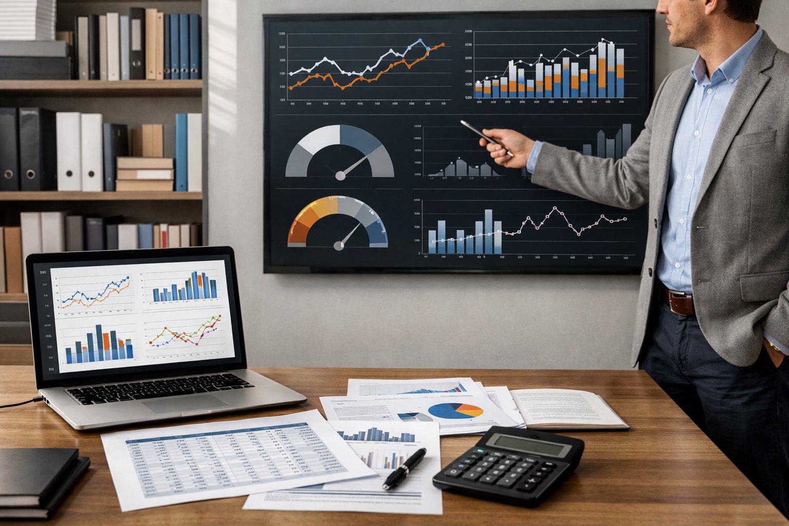 Un professionnel en bureau montrant des graphiques économiques sur un écran numérique, entouré de documents et d'outils d'analyse.