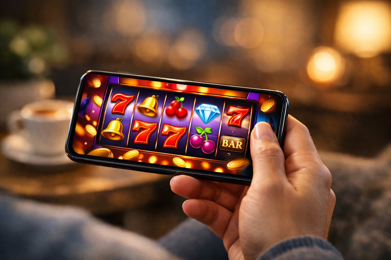 A person holding a smartphone showing a colorful casino game screen in a cozy indoor setting.