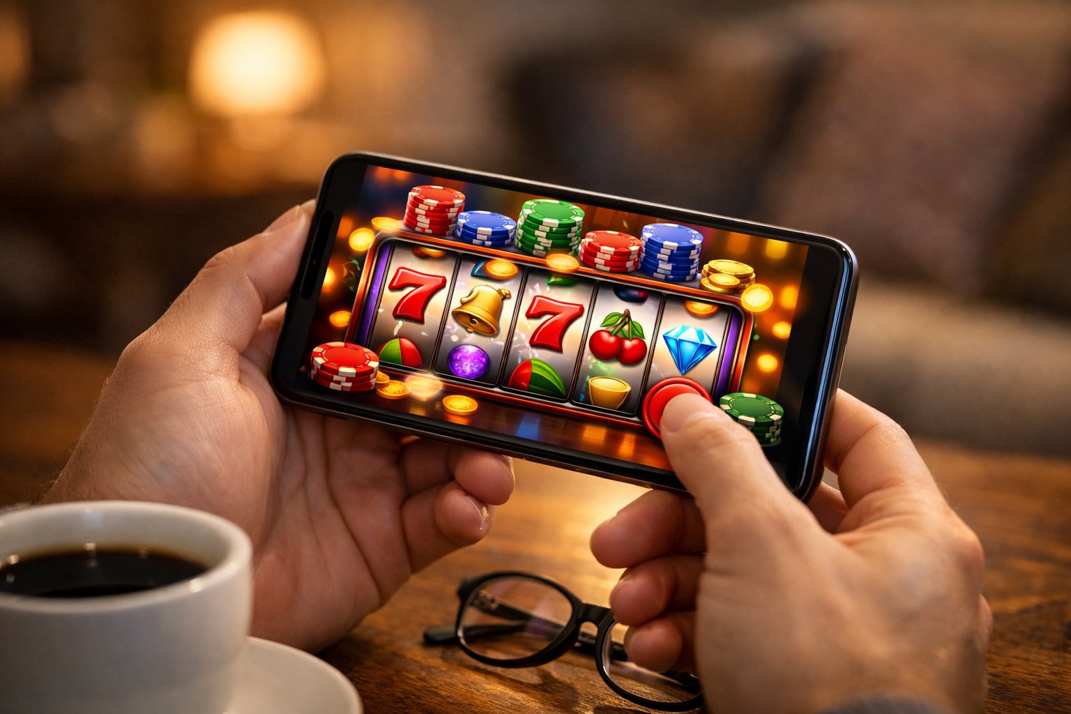 A person holding a smartphone showing a mobile casino game with slot reels and digital chips in a cozy living room setting.