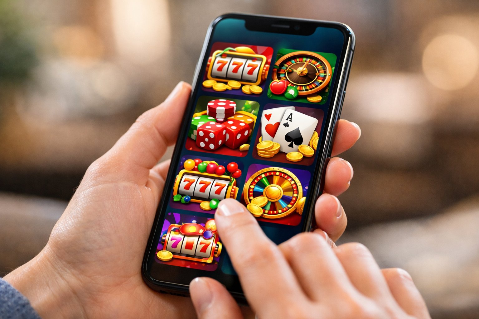 A person holding a smartphone showing colorful casino game icons on the screen in a cozy indoor setting.