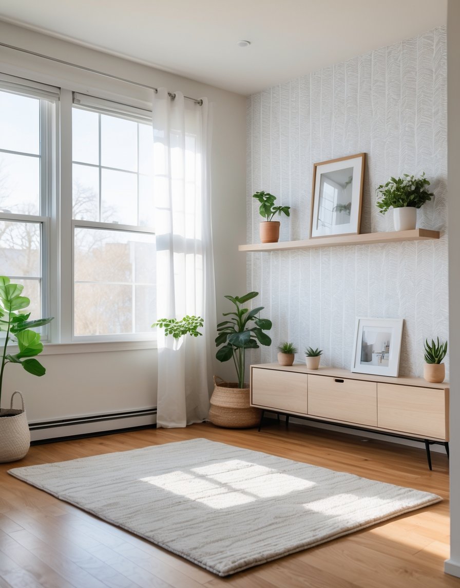A modern living room with peel-and-stick wallpaper, floating shelves with plants, and clip-on curtains, showing renter-friendly home upgrades without damage.