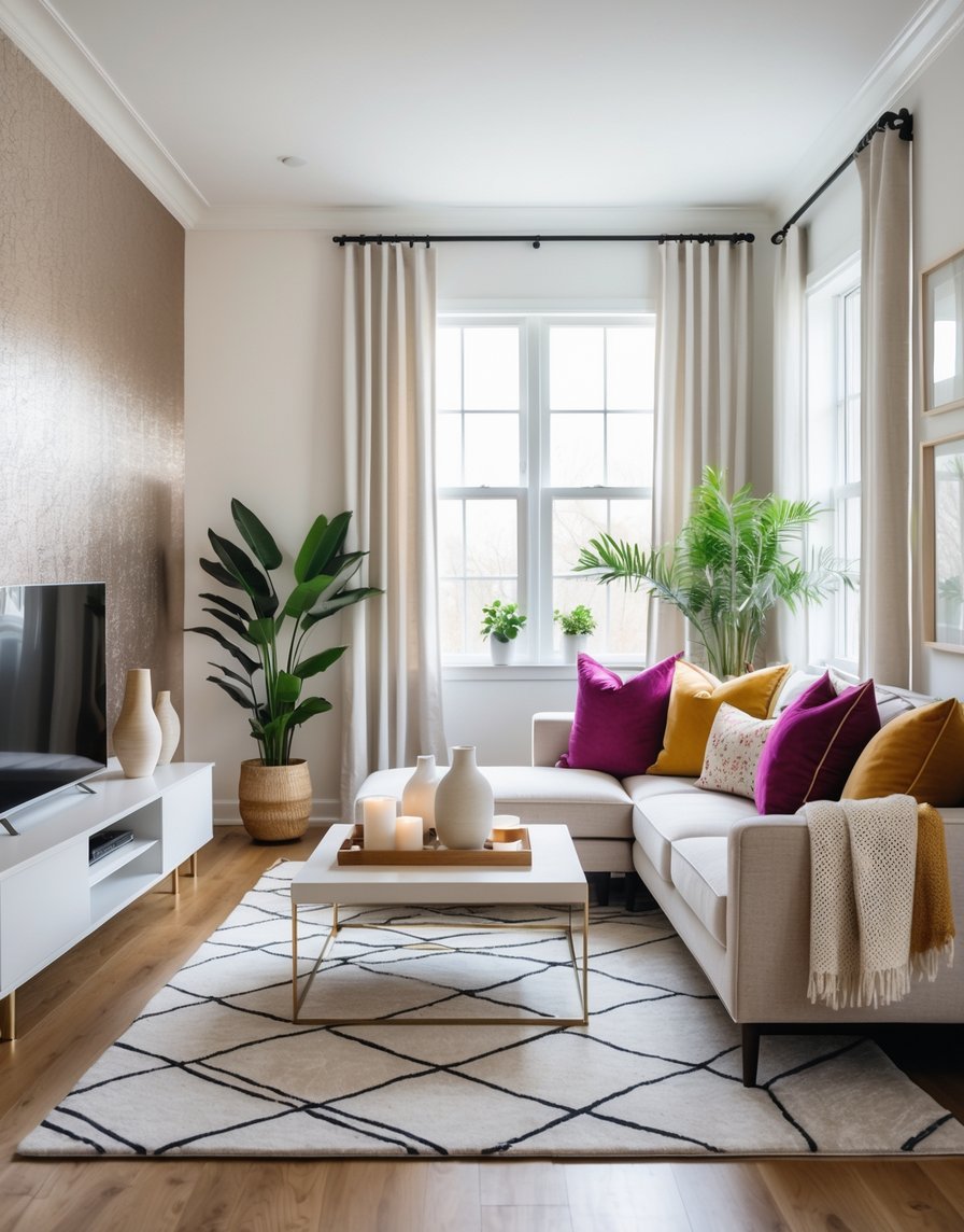 A bright living room with a stylish accent wall, elegant rug, plush pillows on a sofa, decorative items on a coffee table, large windows with curtains, and potted plants.