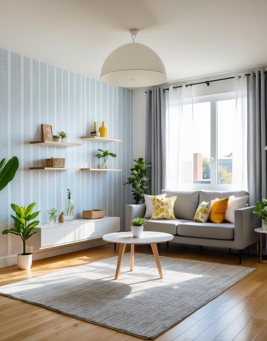 A bright living room with removable wallpaper, floating shelves, a sofa, and plants, showing renter-friendly home upgrades without wall damage.