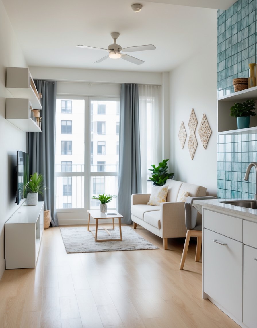 A modern apartment living room with removable DIY upgrades like floating shelves, peel-and-stick backsplash, and modular furniture in a bright, tidy space.
