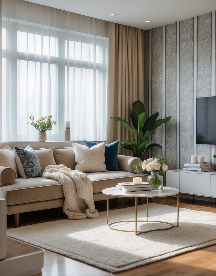 A modern living room with a cozy sofa, decorative pillows, a patterned accent wall, a coffee table with flowers and books, and natural light coming through large windows.