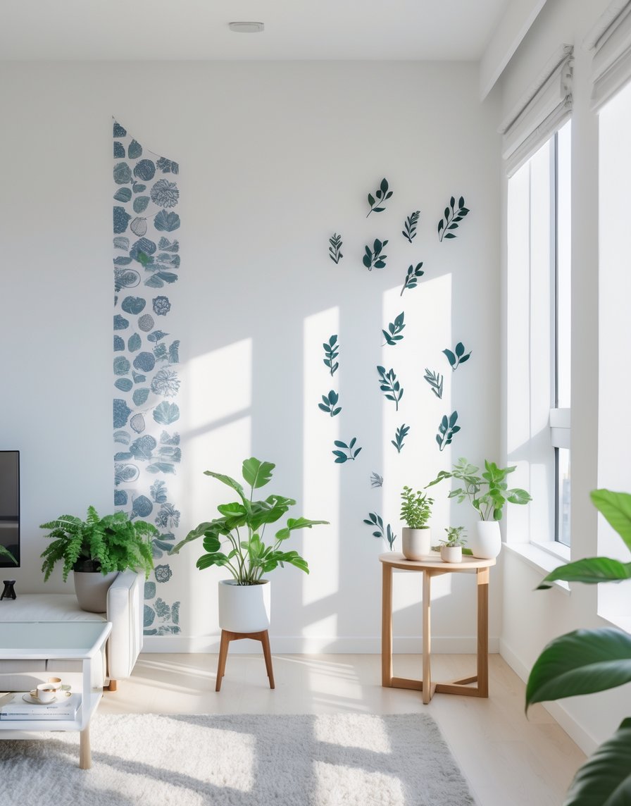 A modern apartment living room with removable wallpaper and wall decals on a white wall, a wooden side table with plants, and natural light coming through large windows.