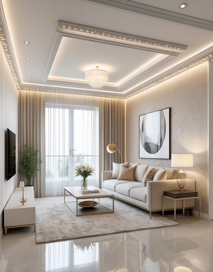 A modern living room with crown molding, textured accent wall, recessed lighting, sofa, coffee table, and large windows letting in natural light.