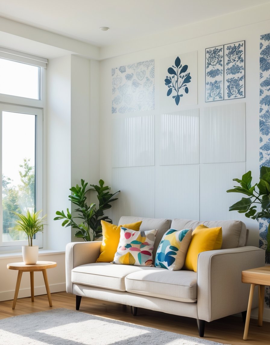 A living room with removable wallpaper panels and wall decals on a white wall, a sofa with colorful pillows, a side table with a plant, and sunlight coming through windows.
