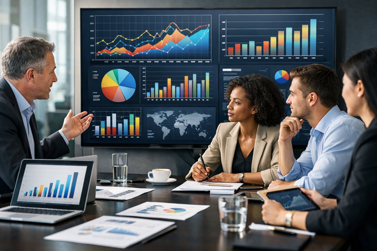 Un groupe de professionnels travaillant ensemble autour d'un écran affichant des graphiques et des données statistiques dans un bureau moderne.