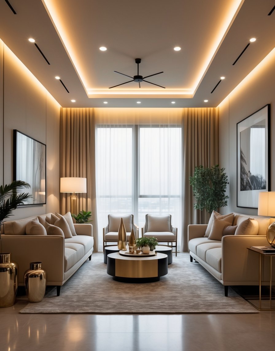 A modern living room with warm layered lighting, stylish furniture, and decorative accents creating a cozy and upscale atmosphere.
