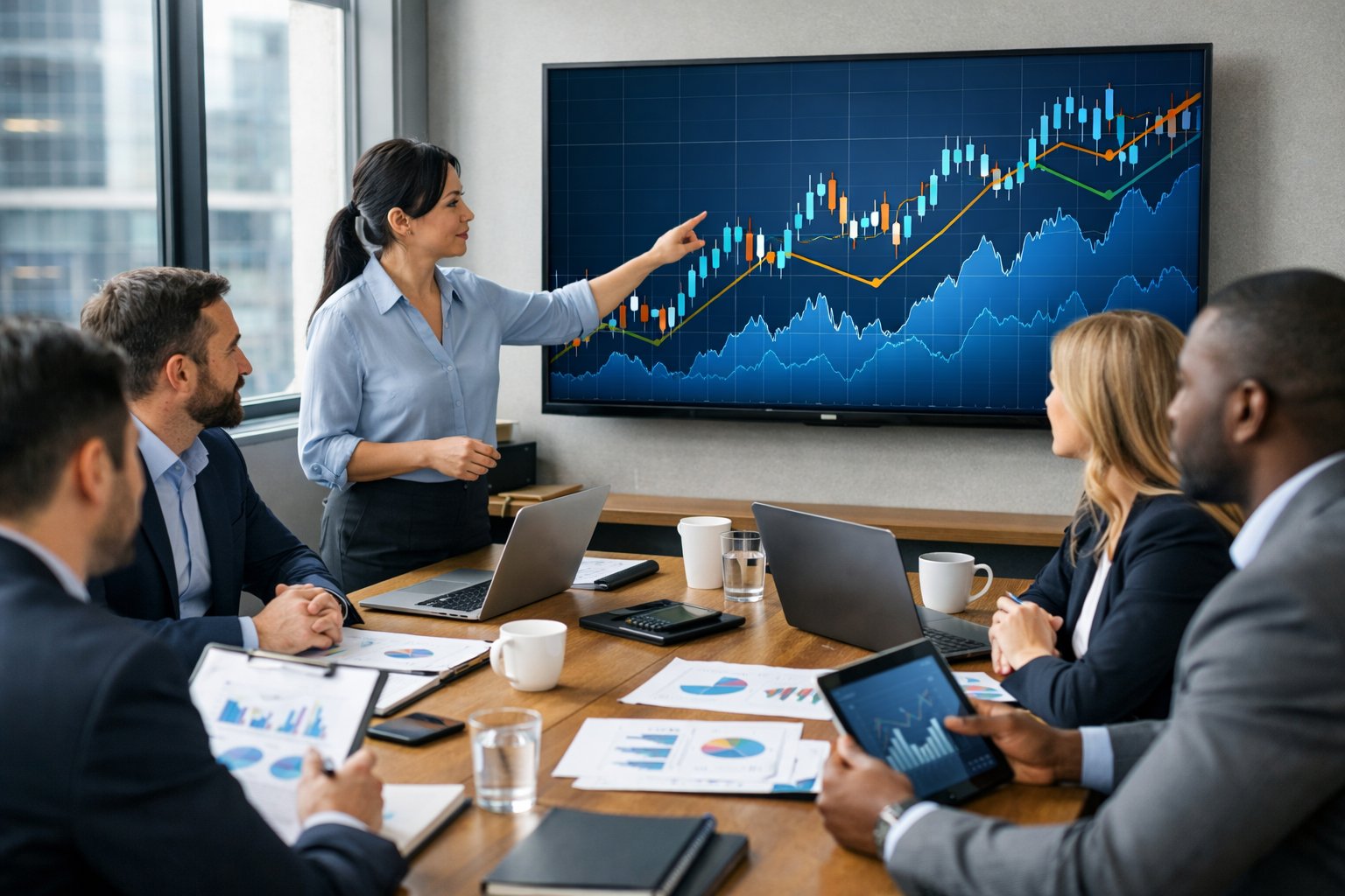 Un groupe de professionnels en réunion autour d'une table avec des ordinateurs et des graphiques financiers affichés sur un écran.
