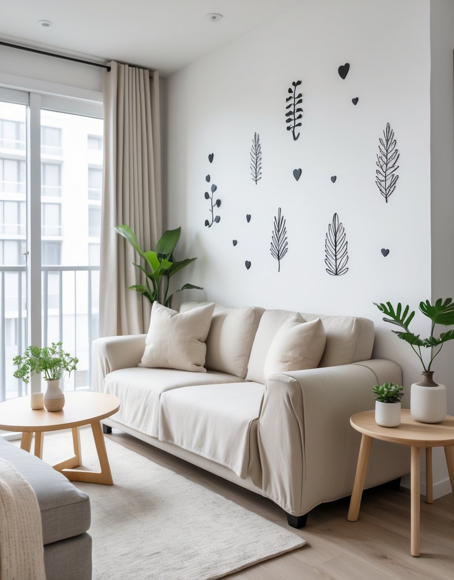 A modern apartment living room with a sofa, removable wall decals, potted plants, and natural light coming through large windows.