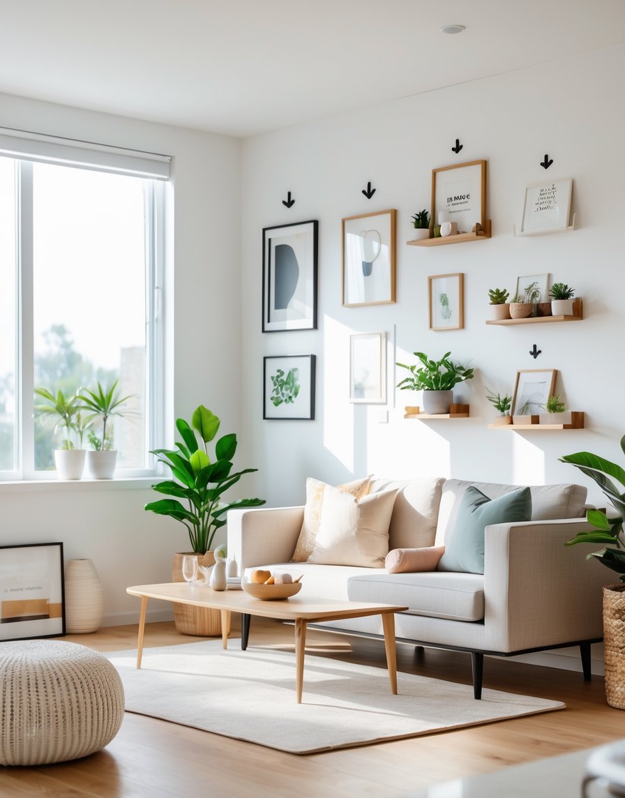 A modern living room with decorative items hung on walls using damage-free hanging solutions, featuring furniture and natural light.