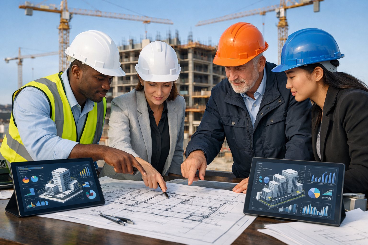 Des ingénieurs et architectes discutent autour de plans et tablettes sur un chantier de construction moderne avec un bâtiment en cours de construction en arrière-plan.