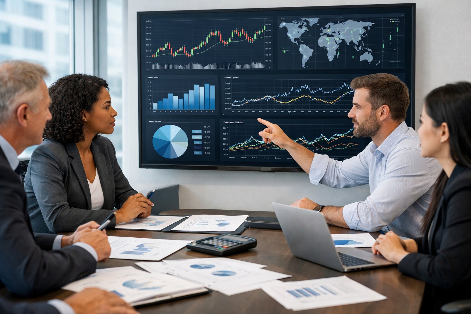 Un groupe de professionnels en réunion dans un bureau moderne, examinant des graphiques et des données financières sur un écran numérique.