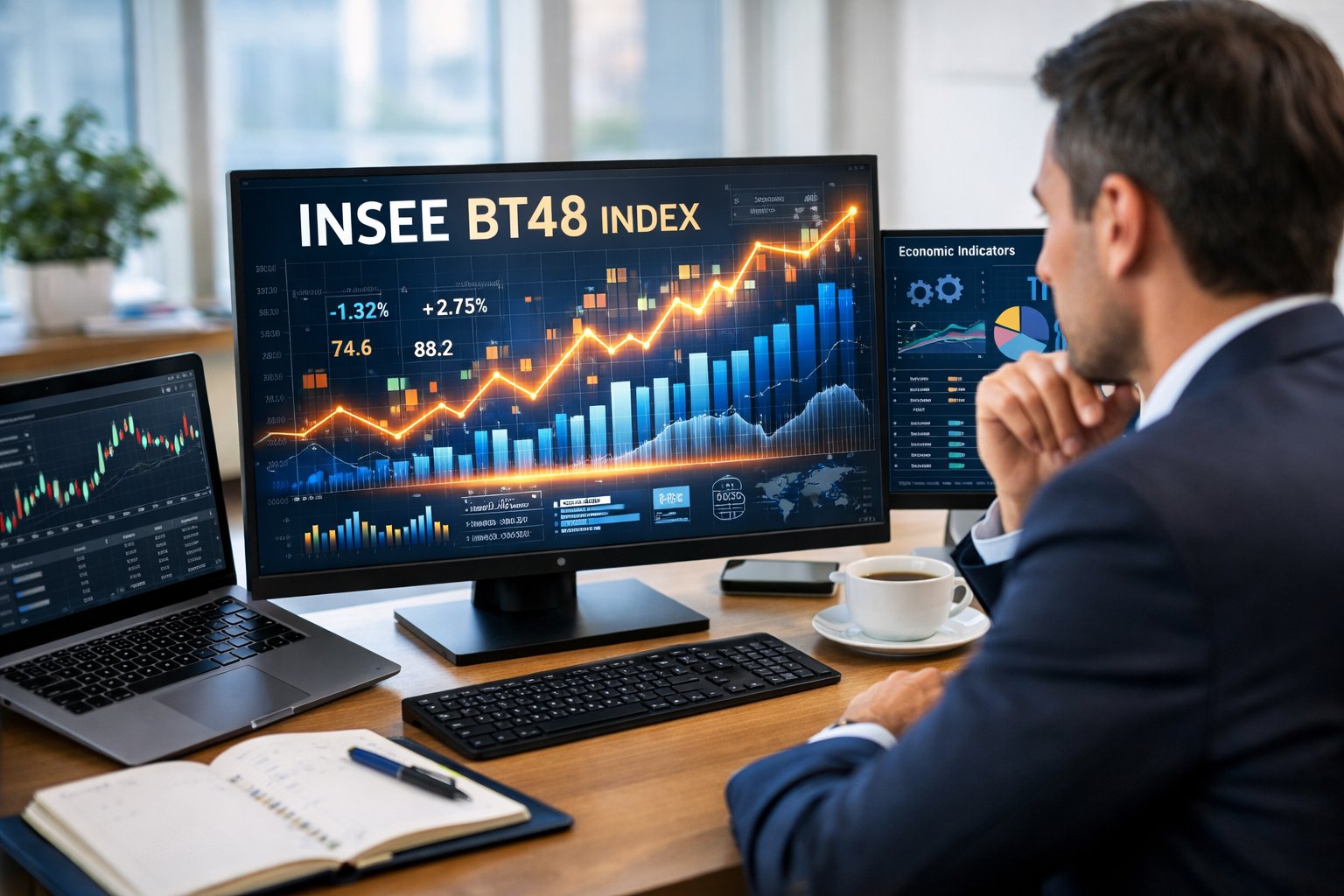 Un professionnel en bureau moderne analyse des graphiques financiers sur plusieurs écrans d'ordinateur.