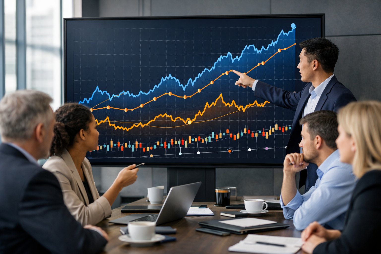 Des professionnels en réunion dans un bureau moderne, analysant des graphiques économiques sur un grand écran.