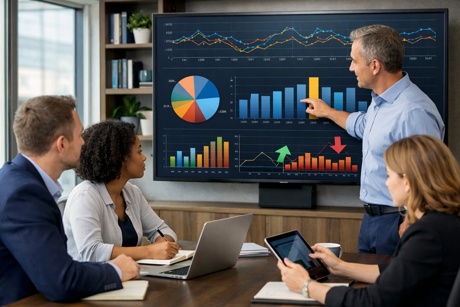 Des professionnels en réunion autour d'un écran numérique affichant des graphiques et des données économiques dans un bureau lumineux.