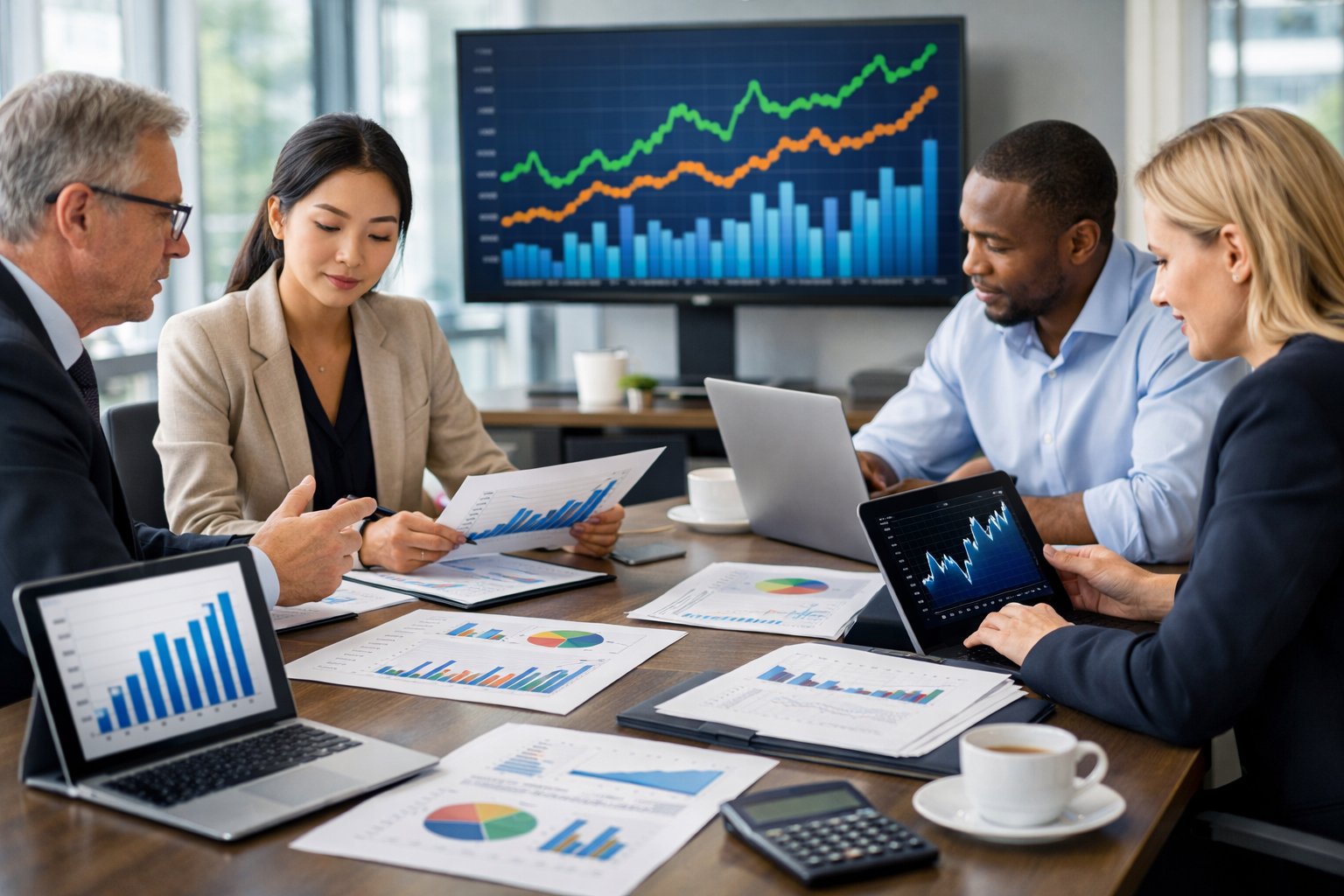 Des professionnels en réunion autour d'une table avec des graphiques et des ordinateurs dans un bureau lumineux.
