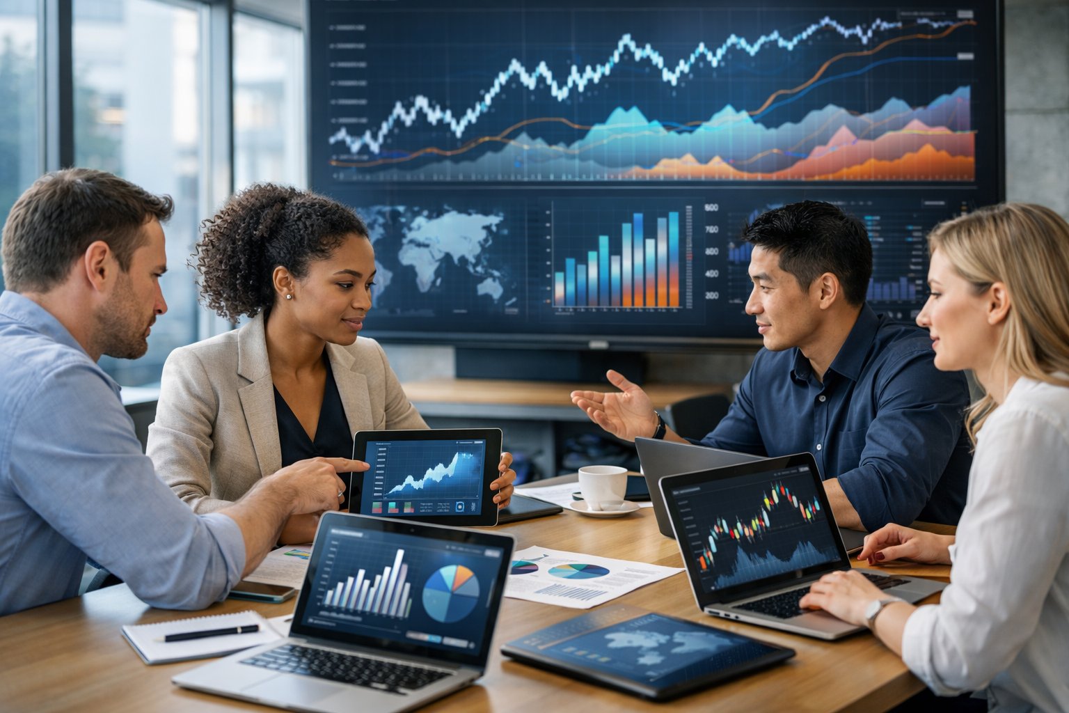 Des professionnels en réunion autour d'une table avec des ordinateurs affichant des graphiques et des données économiques dans un bureau moderne.