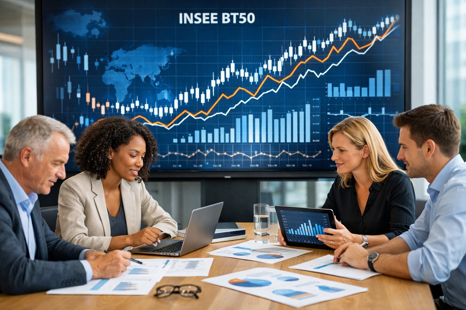 Des professionnels collaborant autour d'une table avec des graphiques et des ordinateurs dans un bureau moderne, analysant des données économiques.