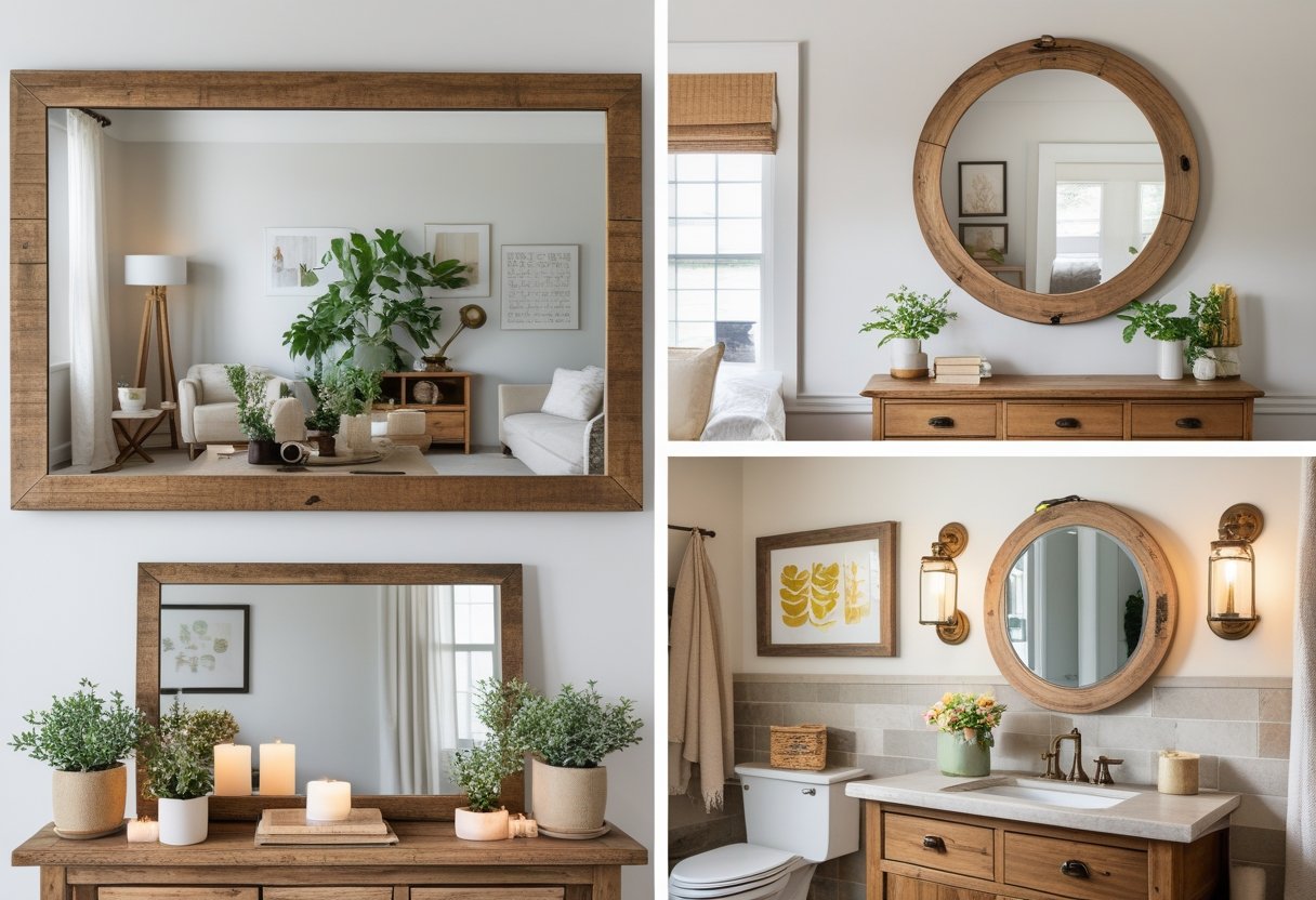 A rustic wooden-framed mirror displayed in a living room, bedroom, and bathroom, each with furniture and decor around it.