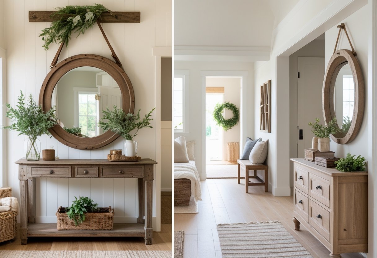 A rustic wooden-framed mirror displayed in a living room, bedroom, and hallway, each with furniture and decor around it.