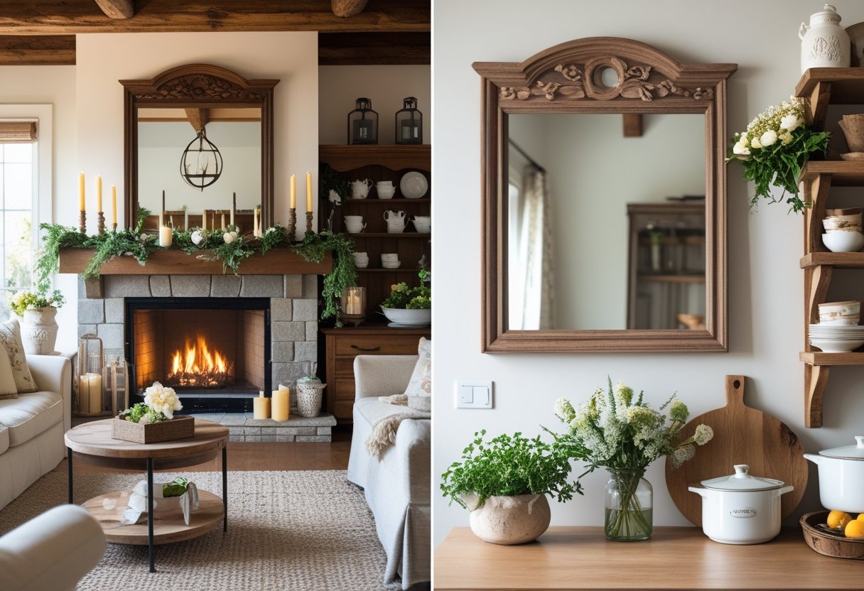 A living room, bedroom, and kitchen each featuring a wooden-framed mirror with home decor and natural lighting.