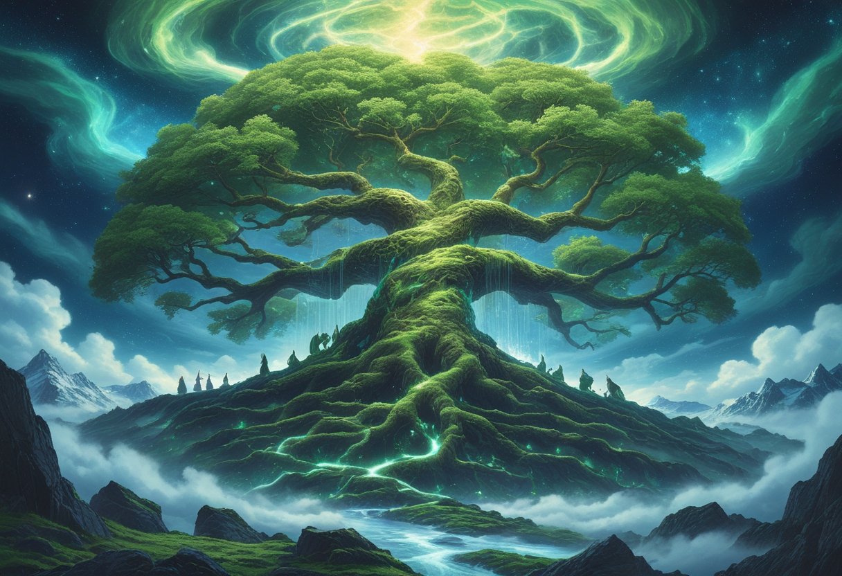 The Nine Worlds of Norse Mythology connected by the giant cosmic tree Yggdrasil, showing distinct realms including golden Asgard, green Midgard, icy Jotunheim, fiery Muspelheim, and shadowy Helheim under a starry sky.