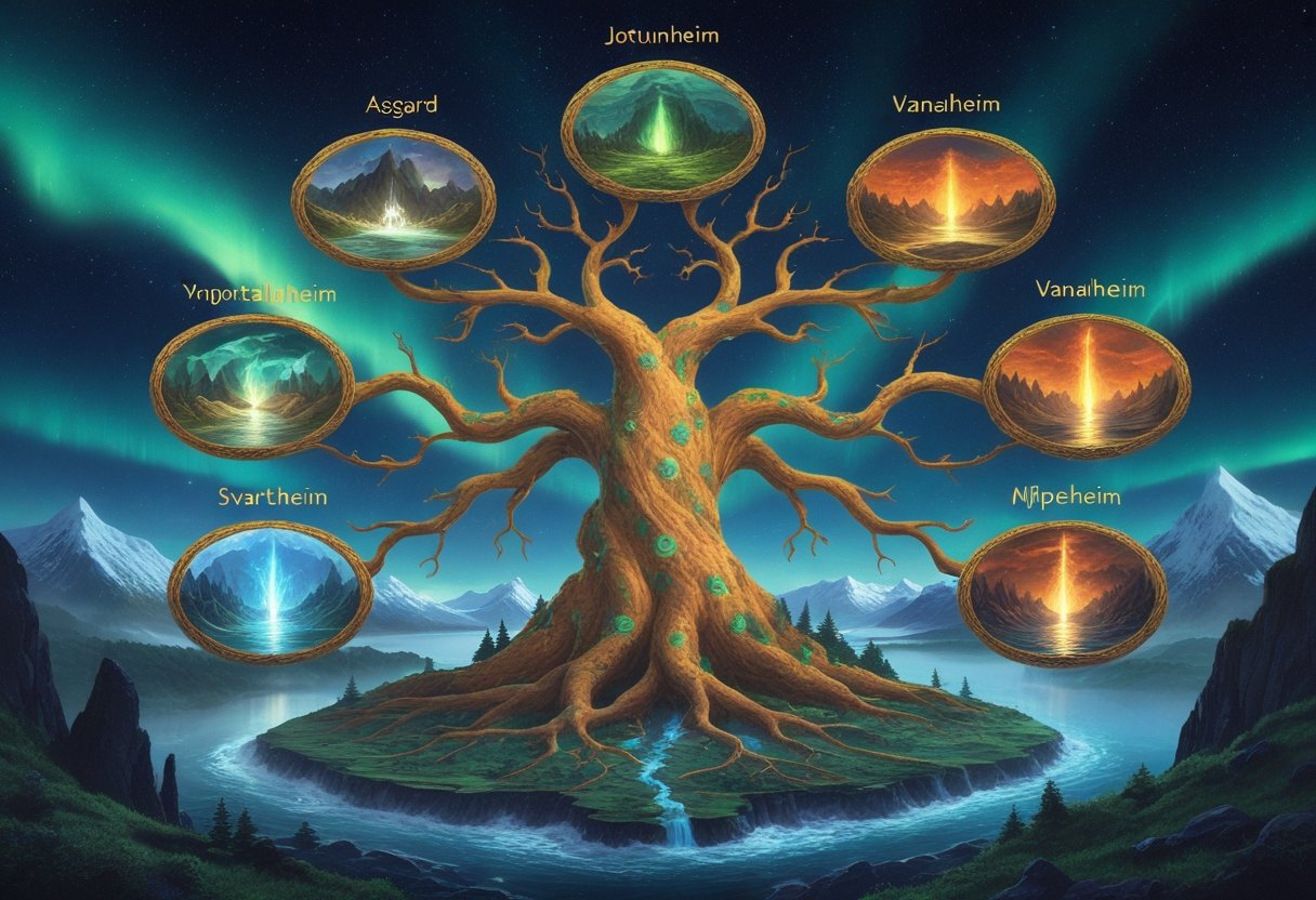 The cosmic tree Yggdrasil connecting nine distinct realms of Norse mythology, each with unique landscapes including golden halls, forests, mountains, fire, ice, and mist under a starry sky.