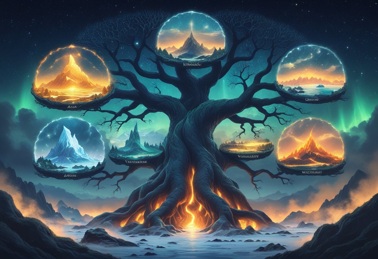 A large, ancient tree with nine distinct worlds surrounding it, each showing different landscapes like golden halls, icy mountains, forests, fire, and mist.