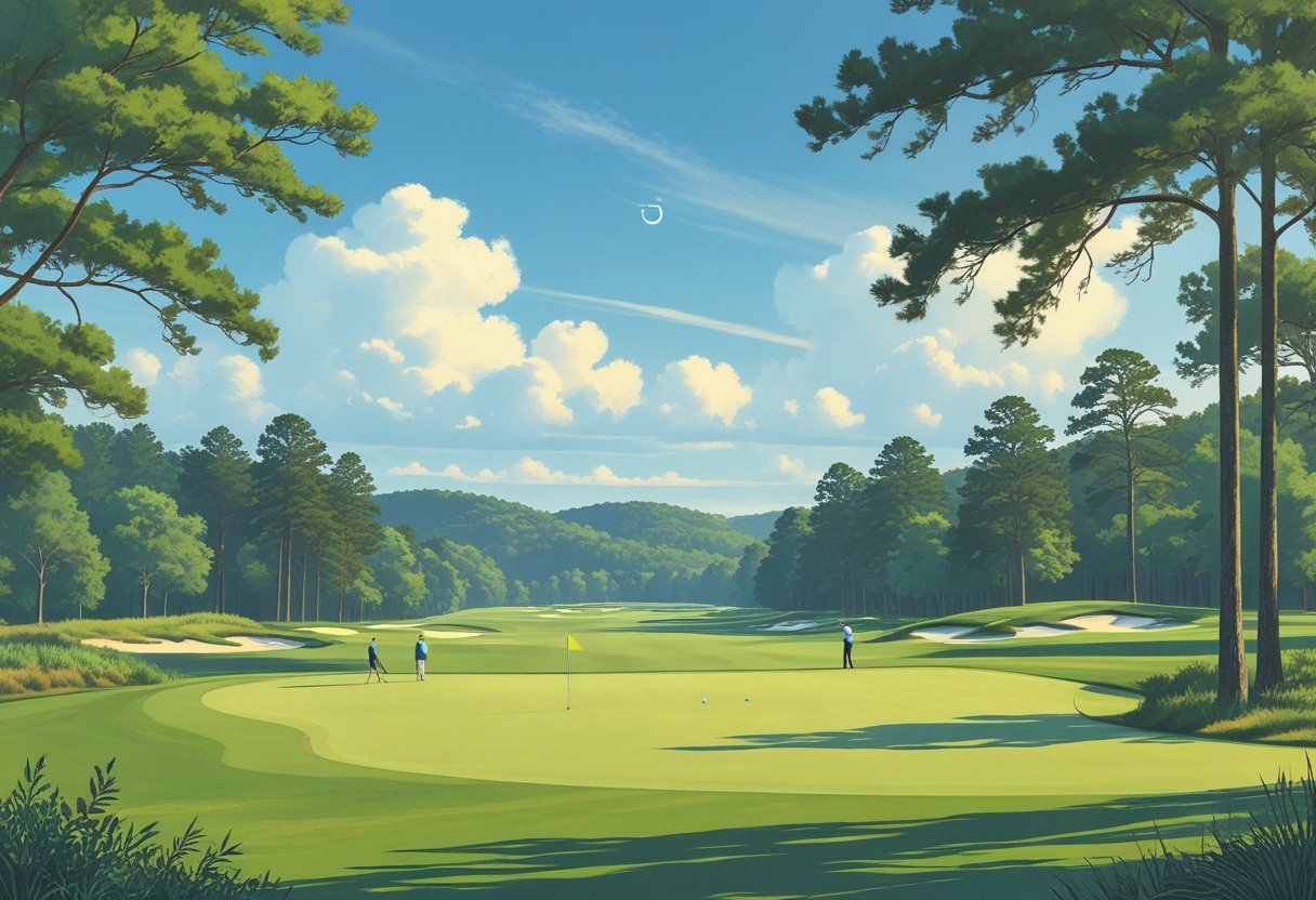 A peaceful public golf course with golfers playing on green fairways surrounded by trees and hills under a clear sky.