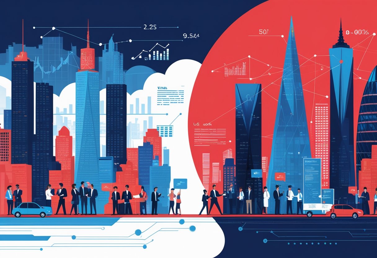 A detailed illustration showing two city skylines representing the US and UK markets with business people and financial symbols, connected by a globe symbolizing their interaction.