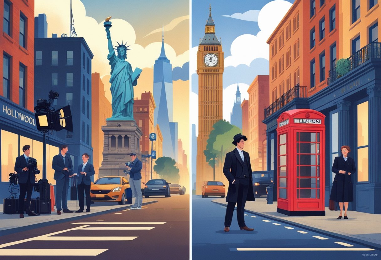 Two actors standing in contrasting city settings representing the US and UK acting markets, with American landmarks and film equipment on one side and British landmarks and theater elements on the other.