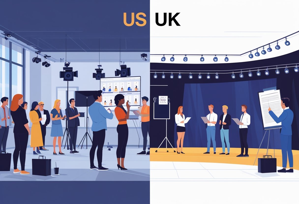Two side-by-side scenes showing casting processes in the US and UK with actors, casting directors, and audition setups in distinct environments reflecting each country's style.
