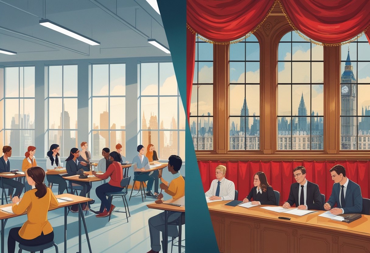 Two connected scenes showing actors training in a US classroom with New York skyline and a UK drama school with London skyline, highlighting differences in acting education.