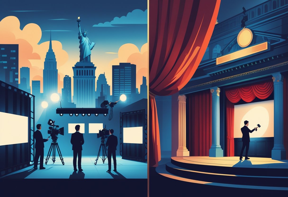 An illustration showing the difference between US and UK acting markets: on one side, an actor on a film set with cameras and lights in an American city; on the other side, an actor performing on stage in a British theater with audience seats.